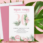 Invitation 30e Anniversaire Tropical Pink Protea Numéro 30<br><div class="desc">30e anniversaire invitation avec le numéro 30 décoré de feuilles de palmiers tropicaux, fleurs de protéa rose et une noix de coco. Design féminin et élégant subtil avec des arrangements floraux aquarelles dans les tons rose et vert. Parfait pour fêter le 30e anniversaire, une fête du luau ou une fête...</div>