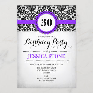 Invitation 30e anniversaire - Violet noir blanc Damas