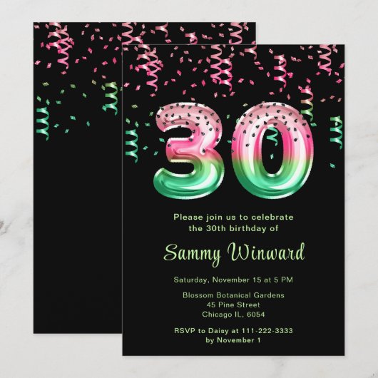 Invitation 30e anniversaire Watermelon Balloons avec Confetti (Devant / Derrière)