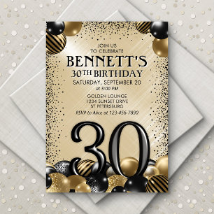 Invitation 30e Ballons Black Gold Anniversaire