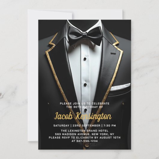 Invitation 30e événement d'anniversaire Black and Gold Tuxedo (Devant)