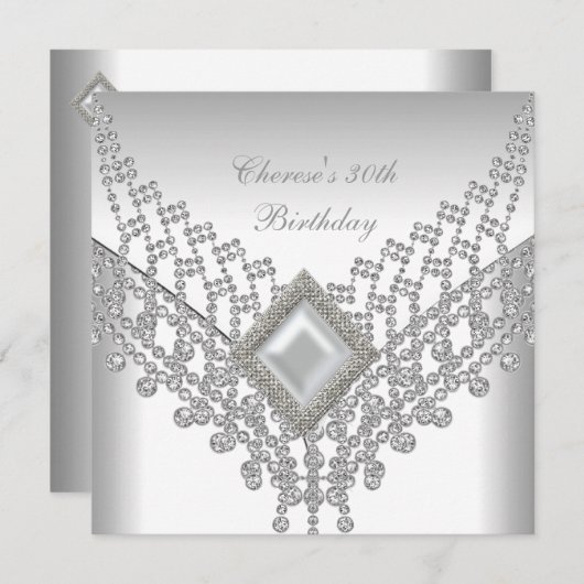 Invitation 30e fête d'anniversaire Bijou de diamant perle bla (Devant / Derrière)