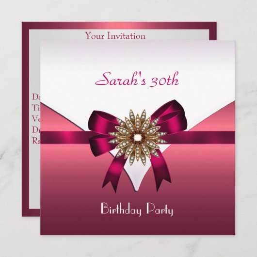 Invitation 30e fête d'anniversaire Bijoux Bow Blanc rose (Devant / Derrière)