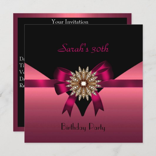 Invitation 30e fête d'anniversaire Bijoux Bow noir rose (Devant / Derrière)