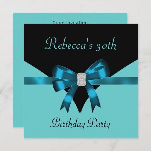 Invitation 30e fête d'anniversaire Bijoux Bow Noir Turquoise (Devant / Derrière)