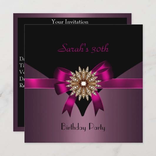 Invitation 30e fête d'anniversaire Bijoux Bow Noir violet ros (Devant / Derrière)