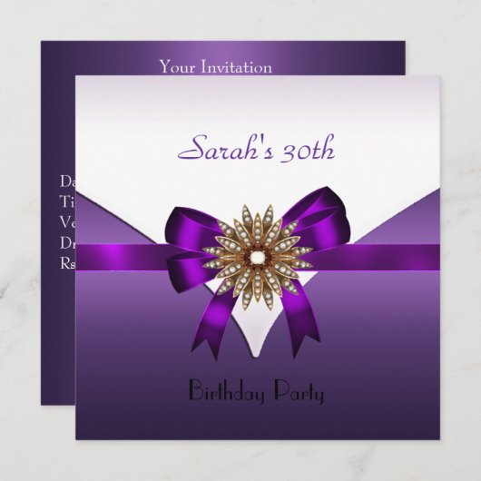 Invitation 30e fête d'anniversaire Bijoux Bow violet or blanc (Devant / Derrière)
