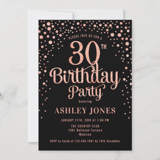 Invitation 30e fête d'anniversaire - Black & Rose Gold (Devant)