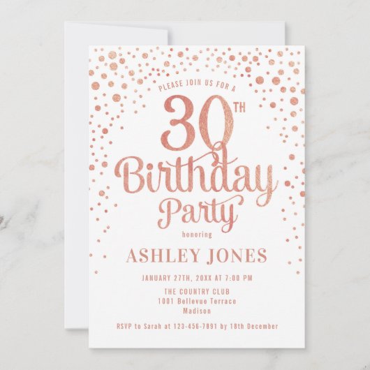Invitation 30e fête d'anniversaire - Blanc & Rose Gold (Devant)
