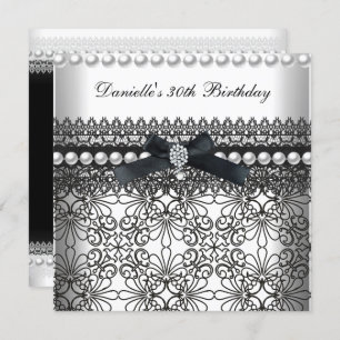 Invitation 30e fête d'anniversaire Damask Black White Pearl