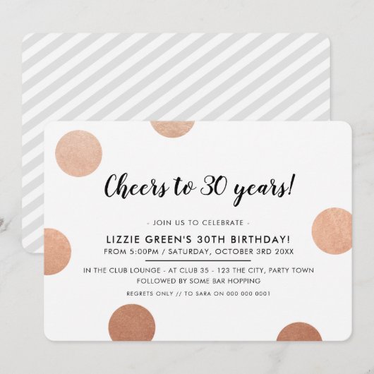 Invitation 30E FÊTE D'ANNIVERSAIRE élégants pois rose d'or (Devant / Derrière)