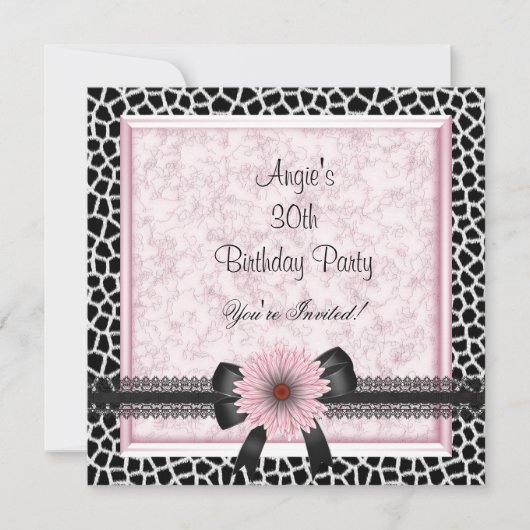 Invitation 30e fête d'anniversaire Giraffe noire rose floral  (Devant)