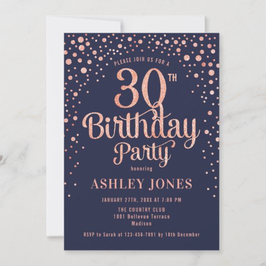 Invitation 30e fête d'anniversaire - Marine & Rose Gold (Devant)