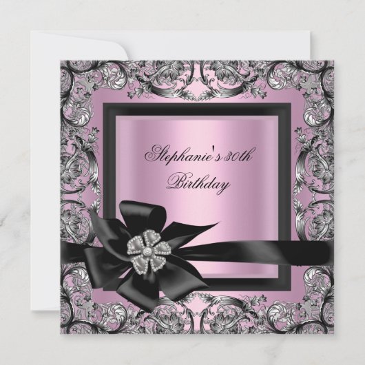 Invitation 30e fête d'anniversaire Pink Silver Black Bow (Devant)