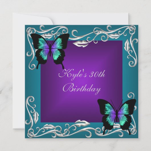 Invitation 30e fête d'anniversaire Purple Papillons Turquoise (Devant)