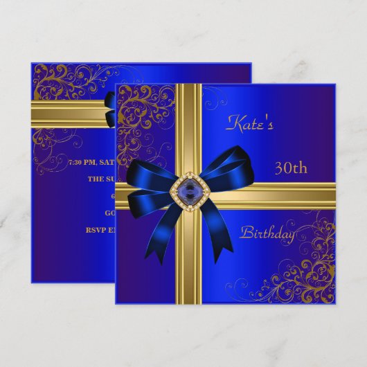 Invitation 30e fête d'anniversaire Rich Royal Blue Gold Jewel (Devant / Derrière)