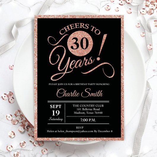 Invitation 30e fête d'anniversaire - Rose Gold Black ANY AGE