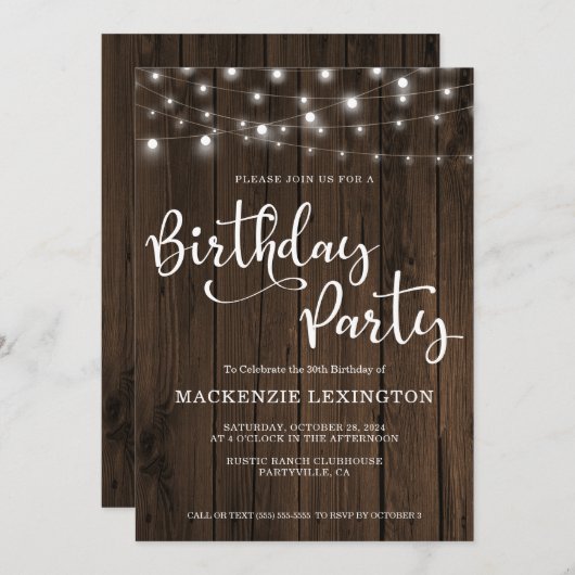 Invitation 30e fête d'anniversaire Rustic String Lights Wood (Devant / Derrière)