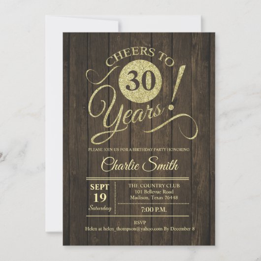 Invitation 30e fête d'anniversaire - Rustic Wood Gold (Devant)