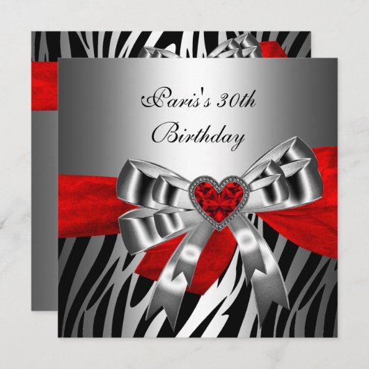 Invitation 30e fête d'anniversaire Silver Red Black Zebra (Devant / Derrière)