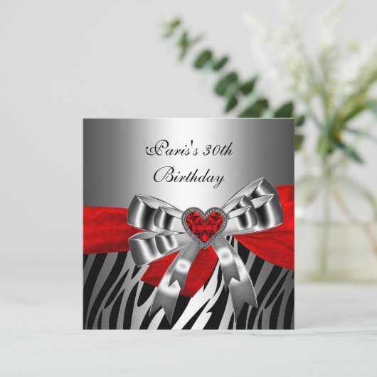 Invitation 30e fête d'anniversaire Silver Red Black Zebra (Debout devant)