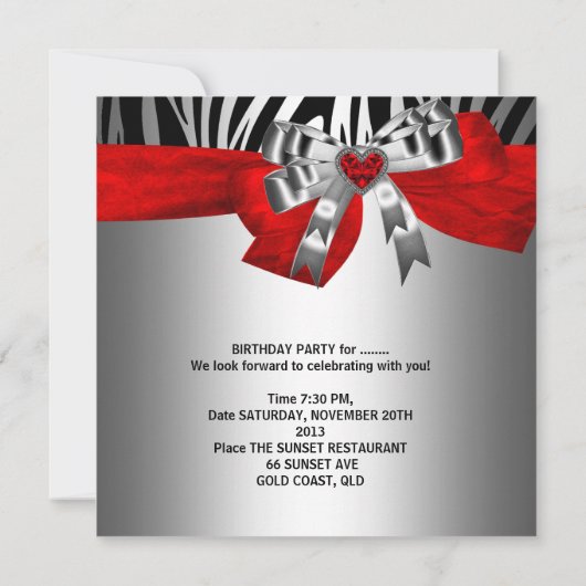 Invitation 30e fête d'anniversaire Silver Red Black Zebra (Dos)