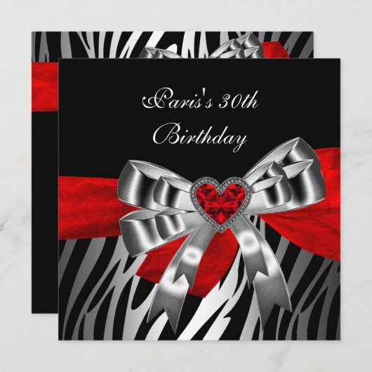 Invitation 30e fête d'anniversaire Silver Red Black Zebra 2 (Devant / Derrière)