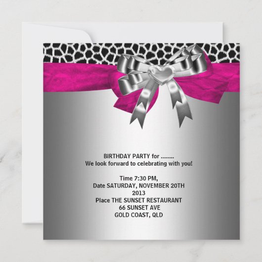 Invitation 30e fête d'anniversaire Silver rose Black Giraffe (Dos)