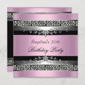 Invitation 30e fête d'anniversaire Zebra Black Argent rose (Devant / Derrière)