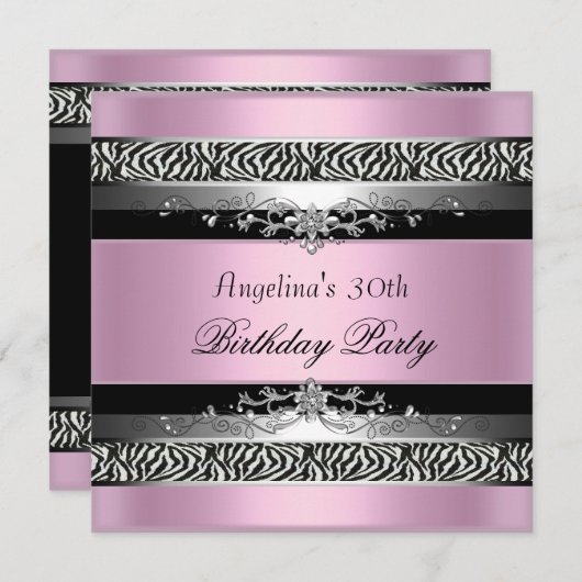 Invitation 30e fête d'anniversaire Zebra Black Argent rose (Devant / Derrière)