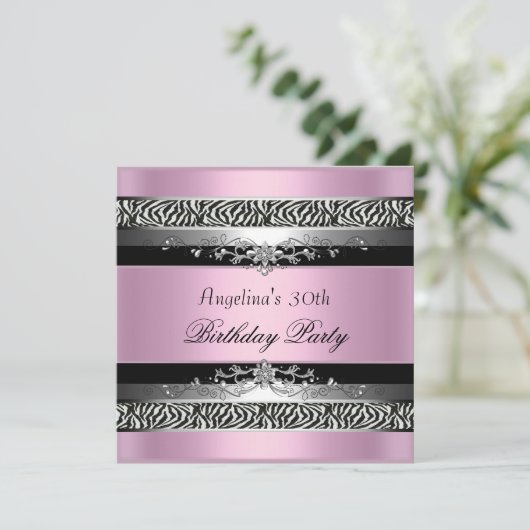 Invitation 30e fête d'anniversaire Zebra Black Argent rose (Debout devant)