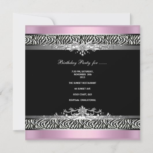 Invitation 30e fête d'anniversaire Zebra Black Argent rose (Dos)