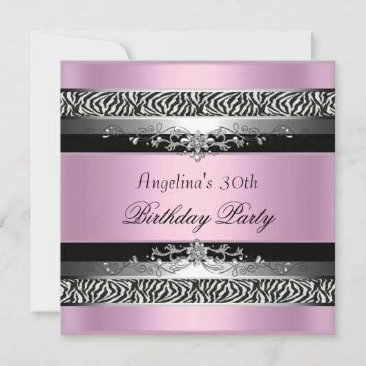 Invitation 30e fête d'anniversaire Zebra Black Argent rose (Devant)