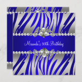 Invitation 30e fête d'anniversaire Zebra Blue Pearl Argent (Devant / Derrière)