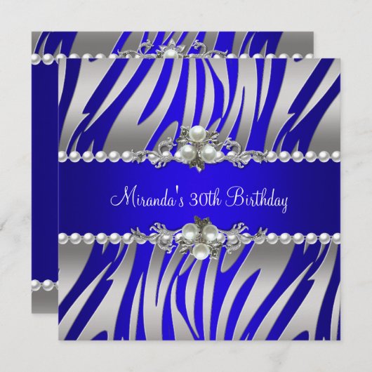 Invitation 30e fête d'anniversaire Zebra Blue Pearl Argent (Devant / Derrière)