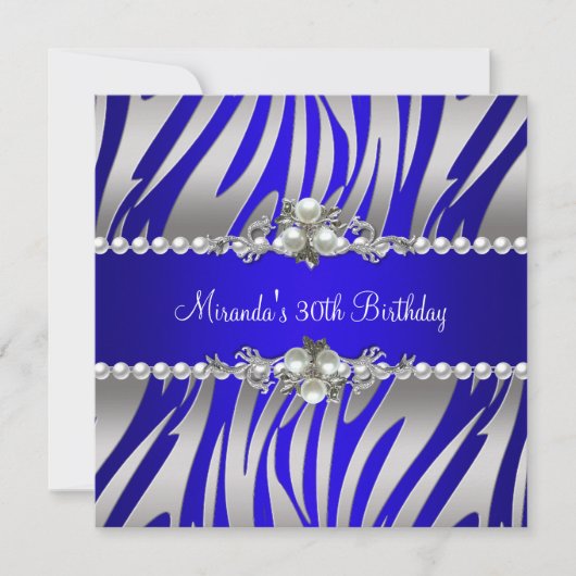 Invitation 30e fête d'anniversaire Zebra Blue Pearl Argent (Devant)