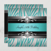 Invitation 30e fête d'anniversaire Zebra Turquoise bleu argen (Devant / Derrière)
