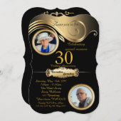 Invitation 30e, Mariage d'anniversaire, art déco, or noir (Devant / Derrière)