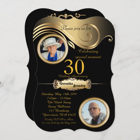 Invitation 30e, Mariage d'anniversaire, art déco, or noir (Devant / Derrière)
