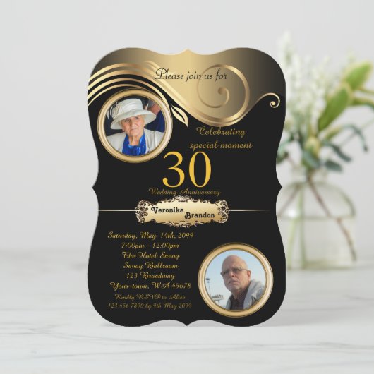 Invitation 30e, Mariage d'anniversaire, art déco, or noir (Debout devant)