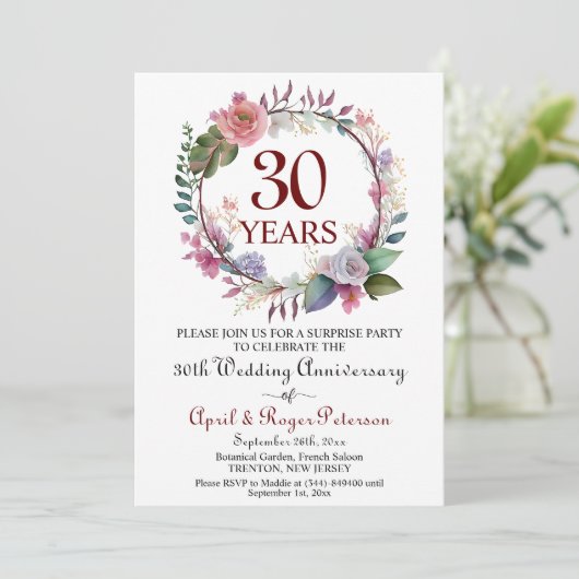 Invitation 30e Mariage Pearl Surprise Anniversaire Floral (Debout devant)