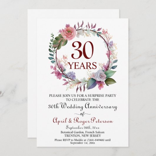 Invitation 30e Mariage Pearl Surprise Anniversaire Floral (Devant / Derrière)