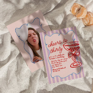 Invitation 30e Pink Drawn Champagne Verre Fun Photo Anniversa