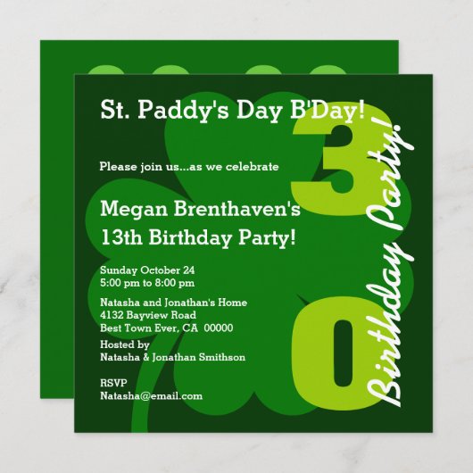 Invitation 30e ST PATRICK Shamrock de fête d'anniversaire A01 (Devant / Derrière)