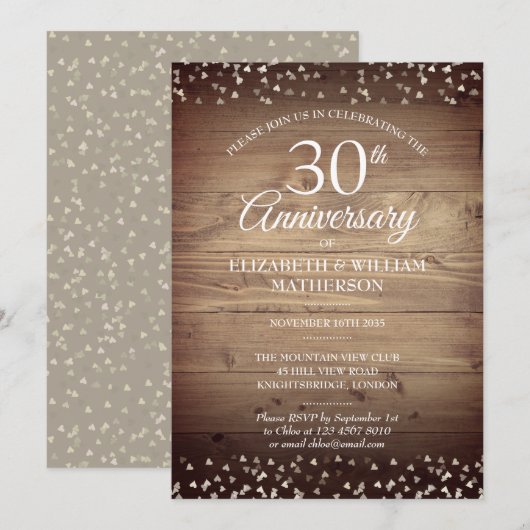 Invitation 30ème Anniversaire Perle Bois Rustique Confettis  (Devant / Derrière)