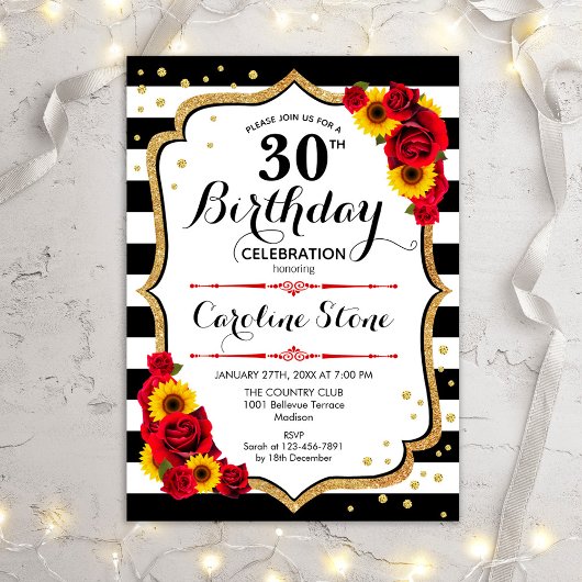 Invitation 30ème anniversaire rustique - Tons Rose tournesols