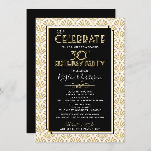 Invitation 30ème Art déco Gatsby d'anniversaire (Devant / Derrière)