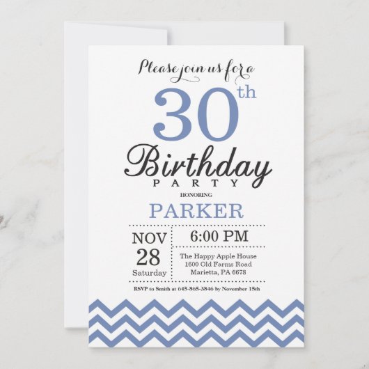 Invitation 30ème Bleu Chevron d'invitation d'anniversaire (Devant)