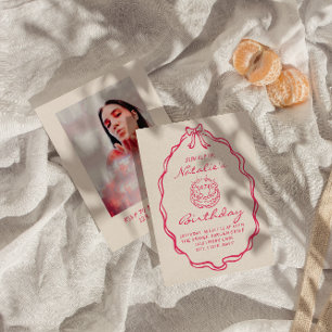 Invitation 30ème Bow Hand Drawn Pink Coquette Photo Anniversa