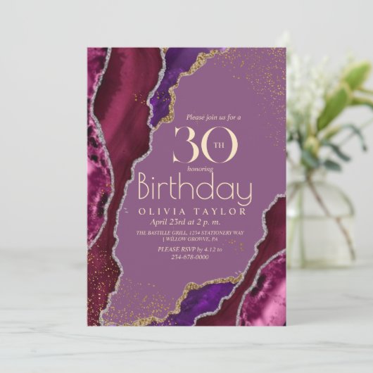 Invitation 30ème moderne violet agate or fête d'anniversaire (Debout devant)